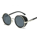 Silver steampunk round sunglasses with black lenses and leather side shields - Silver Frame Grey Lens