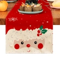 Christmas table runner with Santa Claus and snowflake motifs on festive red linen fabric - 33X160cm
