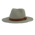 Détail du chapeau Panama gris foncé avec un ruban en cuir brun et rivets dorés chic - 58cm / Gris