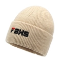 Beige ribbed knit beanie with FBXS 3D embroidery for winter warmth and outdoor style - One Size / Light Beige