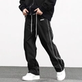 Men's retro woven jogger pants in black with side white stitching and drawstring - Black