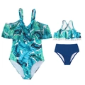 Maillot de bain mère-fille assorti avec imprimé palmier tropical et volants - 104 / Grande Feuille Bleue