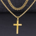Double-layered gold Cuban chain and twist necklace featuring a cross pendant - 24C09122-Gold Set