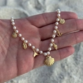 Marine pearl necklace with golden seashell and whale tail pendants for beach party - Whole Necklace (Finished)