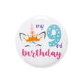 Cute unicorn tinplate badge for 9th birthday party featuring crown and heart patterns - Number 9