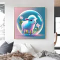 Modern gold framed square diamond painting featuring a dreamy cartoon sheep and purple flowers - Sheep / 30x30cm Frameless