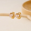 Detailed close-up of golden butterfly huggie earrings set with clear zircon stones - Zirconia Butterfly(EH410018)