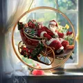 Festive round acrylic Christmas ornament featuring vintage Santa Claus with sleigh and gifts - 15x15cm