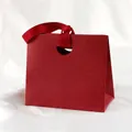 Dark red gift paper bag with lychee texture and matching red satin ribbon handles - 15.5*14.5*7.5cm / Vermilion