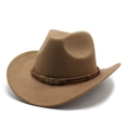 Macro shot of wool felt cowboy hat with braided leather band and skull metal buckle - M (56-58cm) / Khaki