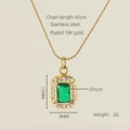 18K gold plated stainless steel necklace with emerald green zircon pendant and fine chain - Square Style / Green