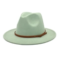 Detail view of mint green wool fedora hat with brown leather belt and metal buckle - M (56-58cm) / Mint Green