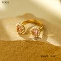 Macro detail of French style double-layer gold ring with pink heart stone and pearls - Pink Heart Gem With Pearls Style (NMSR-H334-3)