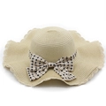 Wide brim straw sun hat with ruffled edges and checkered ribbon bow for summer beach - M(56-58cm) / Beige