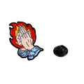 Cartoon enamel pin featuring praying hands with red flames and a black rubber clutch back - Praying Hands with Fire