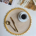 Beige woven placemat with yellow pom-poms featuring a coffee cup and golden cutlery - 38cm Placemat / Milk Coffee