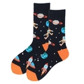 Black mid-calf socks with orange toes featuring space-themed astronaut and rocket patterns - Black Space