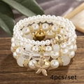 Elegant Bohemian multi-layer beaded bracelet set with white pearls and starfish charms - White