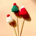 Close-up of 4.5cm knitted Christmas mini hats for cake toppers and DIY decoration - Plush Hat 3-Piece Set (White Red Green) / With wood sticks