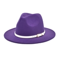 Detailed view of dark purple wool fedora hat featuring a white belt and gold metal buckle - M (56-58cm) / Purple