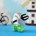 Funny plush shark keychain toy wearing green floral shorts holding a black trident - Shark with Pants & Fork (Normal Buckle) / 10cm
