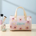 Transparent PVC toiletry bag with pink floral patterns and portable handle - Pink Plum (Cylindrical Large)
