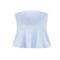 Close-up of light blue peplum tube top featuring vertical seams and ruffled hem detail - XS / Blue