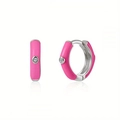 Detail of C-shaped pink enamel hoop earrings with inlaid cubic zirconia and silver frame - Pink Enamel Silver (JQH0020-SS-11)