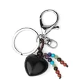 Handmade heart black stone keychain with rainbow beads and silver lobster clasp - Obsidian (Multi-Color Chakra Beads)