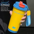Contrast color 520ml vacuum flask with ceramic lining and portable carrying strap - Blue and Yellow Color Block (Stainless Steel Liner)