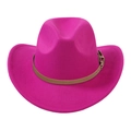 Detail view of pink western felt cowboy hat with brown faux leather band and gold buckle - Adult 58cm One Size / Rose Red