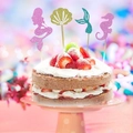 Glittery mermaid and seashell cake toppers on a strawberry dessert for party decor - Mermaid Cupcake Topper Set