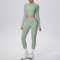 Conjunto de yoga gris verde de dos piezas con mallas altas y chaqueta con cremallera - S / Verde Albahaca