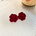 Elegant deep red velvet rose stud earrings with gold interlocking C logo accents - Vintage Velvet Rose Style (31#)