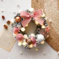 60cm Christmas wreath with pine needles, pink bows, LED lights, and golden ornaments - 60CM Flocked Pink Wreath With LED