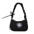 Schwarze Retro-Umhängetasche mit Faltenriemen und Herz-Hasen-Patch aus Spitze - Schwarz