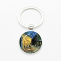 Silver keychain featuring Van Gogh's Cafe Terrace at Night under glass gemstone - Silver-Cafe Terrace at Night