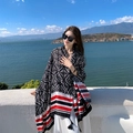 Lightweight cotton-linen beach shawl featuring black and white geometric prints and fringe - 180*90CM / 39232-Black White Red