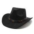 Classic black suede western cowboy hat with wide brim and ornate bull horn leather band - M (56-59cm) / Black
