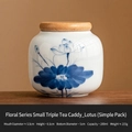 Mini ceramic tea canister with blue floral lotus pattern and airtight wooden lid - Dehua White Hand Painted Lotus - Jar