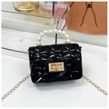 Mini black quilted patent leather bag with pearl handle and gold chain strap - Black