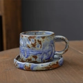 Japanese retro ceramic coffee cup and saucer set with blue-brown mottled glaze finish - Hand-sculpted Coffee Mug Set - Kiln-fired Blue 270ml / Universal