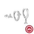 Set orecchini a cerchio in argento sterling S925 con triplo zircone su sfondo bianco puro - Argento 925 / Oro Bianco