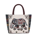 Borsa tote in tela stile etnico con motivo di elefante e strisce colorate intrecciate - Elefante Giallo