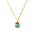 Golden necklace featuring a square green zircon pendant with an elegant hollow design - Stainless Steel/Zirconia / Emerald (Water Wave Chain)