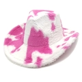 Dettaglio cappello da cowboy rosa e bianco con motivo mucca e morbida pelliccia sintetica - M（56-58cm） / Rosso rosa