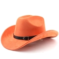 Detail eines hellorangen Wildleder-Cowboyhuts mit schwarzem Lederband und Metallschnalle - M (56-58cm) / Orange