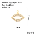 Lip-shaped gold plated necklace pendant with colorful cubic zirconia and dimensions - P02078-Gold Lip-Clear Zircon