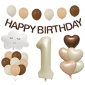 Ballon-Set in Creme und Kaffee mit Happy Birthday Banner für den ersten Geburtstag Deko - Cremeweiß Nummer Set 1