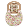 Floral boho bib with tassel fringe and matching headbands on display card - Beige Floral Boho